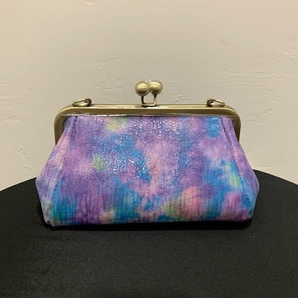 Handmade Genuine Leather Tie-dye Print Kisslock Wristlet/Crossbody & 2 Chains - Picture 2 of 16